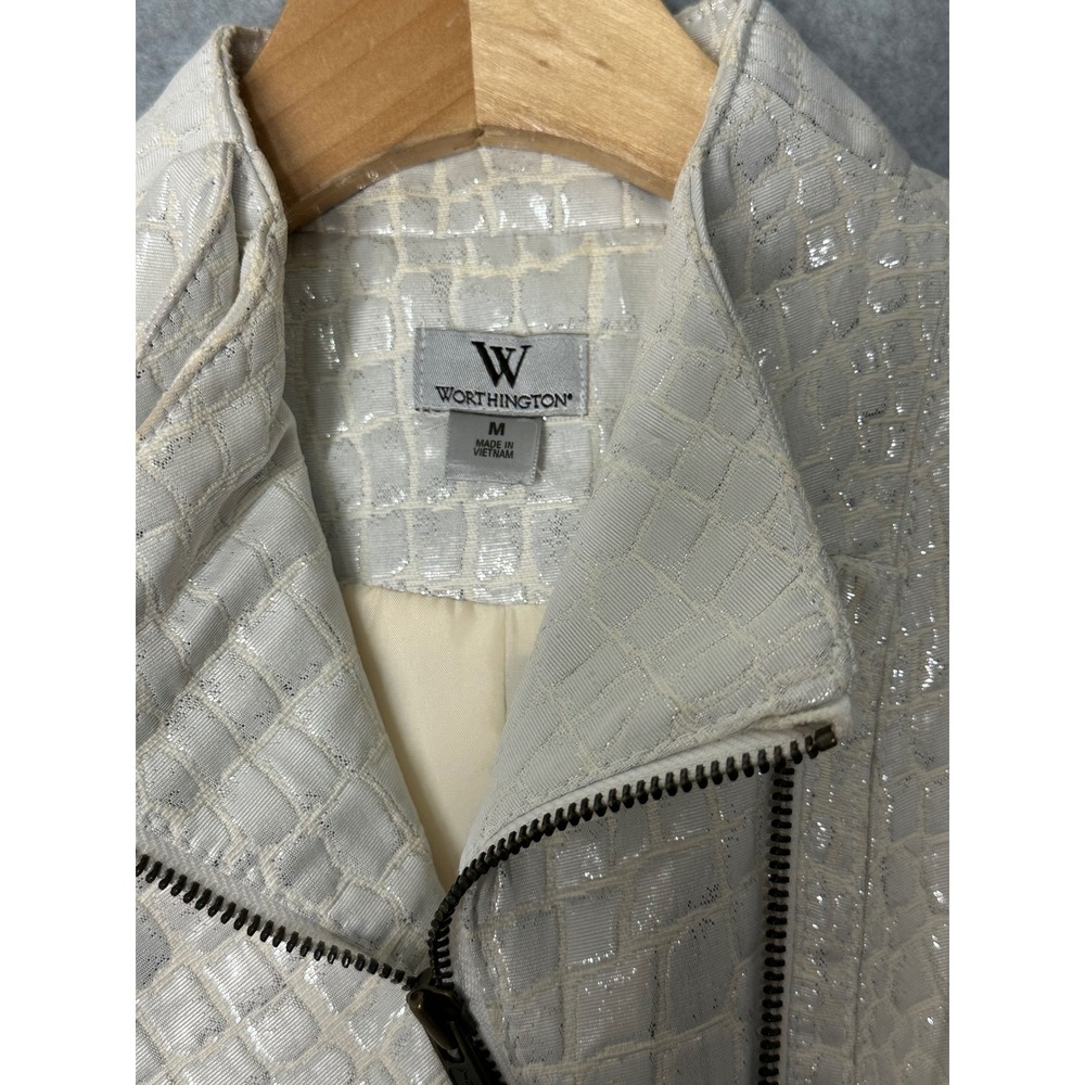Worthington‎ Womens White Metallic Croc Embossed Moto Jacket Size M Asymmetrical - Picture 4 of 7